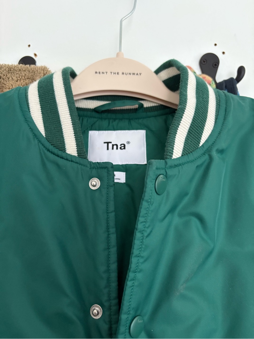 TNA Aritzia Green Varsity Bomber Jacket with White-Striped Collar